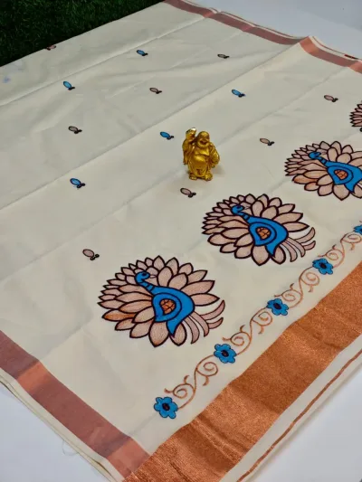 Floral Vine Printed Cotton Saree – Off White & Pink